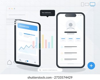 A ilustração vetorial mostra um painel móvel com vários gráficos de dados e um smartphone exibindo um perfil de usuário e notificação. Ele destaca os elementos modernos de design da interface do usuário.