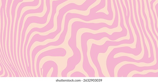 Vector illustration shows a modern abstract pattern of wavy, zebra-like lines in pastel pink tones. The organic liquid style is very popular in current graphic and digital design trends.