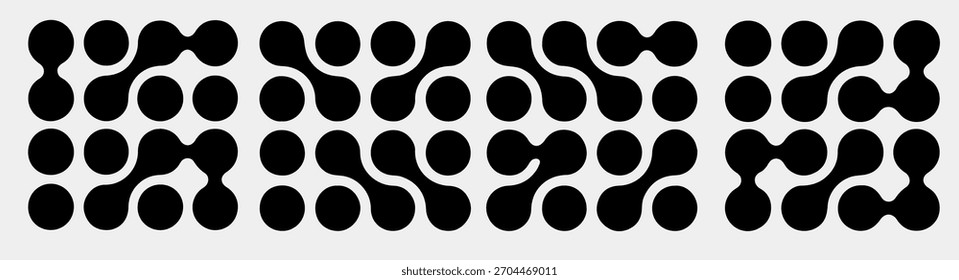 La Ilustración vectorial muestra un patrón moderno y abstracto en una paleta en blanco y negro audaz. El diseño presenta Formas y circunferencias metabólicas interconectadas, creando un efecto visual dinámico y orgánico.