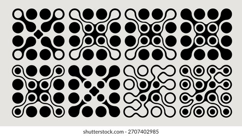 Die Vektorgrafik zeigt ein modernes, abstraktes Muster in einer kräftigen schwarz-weißen Palette. Verbundene Metaball-Formen und Kreise, die einen dynamischen und organischen visuellen Effekt im Brutalismus-Stil erzeugen.