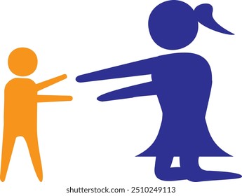 The vector illustration shows a mother kneeling and reaching out to hold her baby, who is standing with arms outstretched. The figures are abstract and depicted in solid colors.