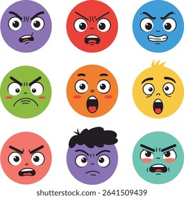 Vector illustration shows nine colorful emoji faces expressing anger, surprise, and frustration with distinct facial features and emotions. The mood is dynamic and intense.