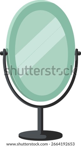 Vector illustration shows an oval standing mirror with black frame and light green glass reflection, designed for home decor and vanity setup, featuring clear and simple style. Calm.