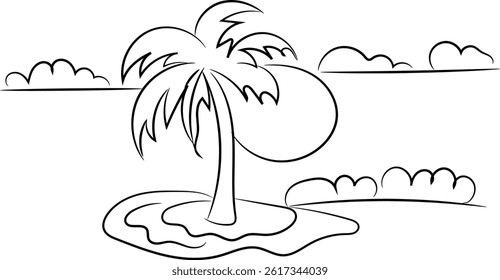 A vector illustration shows a palm tree silhouette on a tropical island beach at sunset