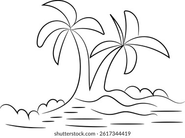 A vector illustration shows a palm tree silhouette on a tropical island beach at sunset