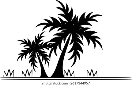 A vector illustration shows a palm tree silhouette on a tropical island beach at sunset