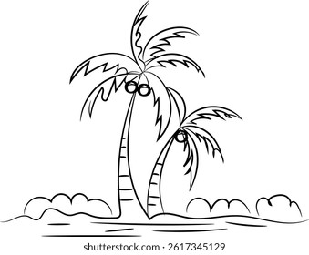 A vector illustration shows a palm tree silhouette on a tropical island beach at sunset