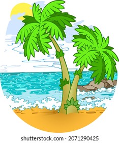 The vector illustration shows a part of the beach with palm trees in the background of the sea.