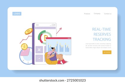 Ilustração vetorial mostra uma pessoa analisando dados criptomoeda em um dispositivo móvel, ao lado de gráficos e moedas digitais, destacando reservas em tempo real rastreando em um layout de site.