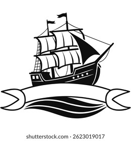 A vector illustration shows a pirate ship silhouette, a sailing vessel on the sea, an icon of old nautical adventure