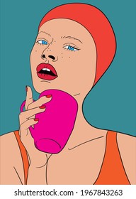Vector illustration shows a portrait of a lady looking surprised. She holds a pink coffee cup in one hand in a fine manner. The scene shows a summer pool scene. The styling is retro seventies.