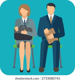 The vector illustration shows professionally dressed individuals waiting for a job interview, representing recruitment, hiring processes, and career opportunities in a corporate or professional setting.