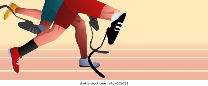 La Ilustración vectorial muestra las piernas protésicas de un atleta en una pista de atletismo. Ideal para eventos deportivos adaptativos, destaca la determinación, el atletismo y el triunfo del espíritu humano.