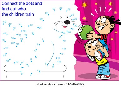 
The vector illustration shows a puzzle where it is necessary to connect the dots in order to find out who the children train in the circus