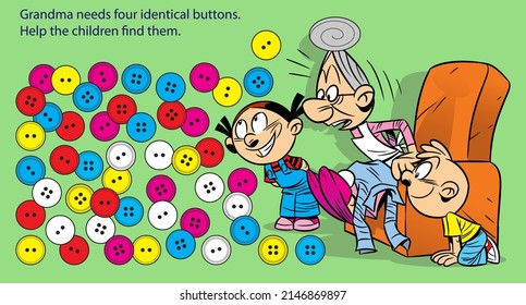 The vector illustration shows a puzzle in which the children have to help the grandmother to find four identical buttons