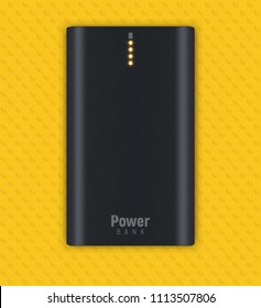 Vector illustration shows realistic black powerbank lies on a yellow background. Four orange little lamps indicate about full charge.