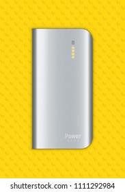 Vector illustration shows realistic powerbank lies on a yellow background. Four orange little lamps indicate about full charge.