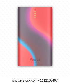 Vector illustration shows realistic powerbank lies on a white background. Four orange little lamps indicate about full charge.
