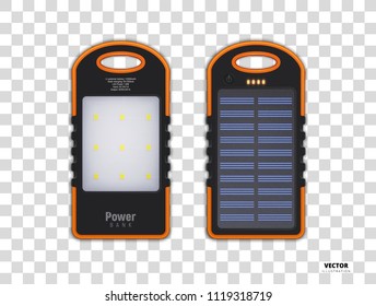 Vector illustration shows realistic protected powerbank with solar cell and LED lamps lies on a transparent background. Four orange little lamps indicate about full charge.