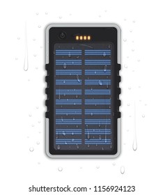 Vector illustration shows realistic waterproof powerbank with solar cell isolated on white background. Water drops  lie on device and beyond. Four orange little lamps indicate about full charge.