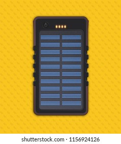 Vector illustration shows realistic waterproof powerbank with solar cell isolated on yellow background. Four orange little lamps indicate about full charge.