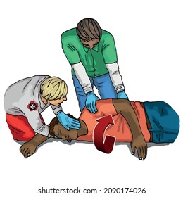 Vector illustration shows Recovery position (first aid).