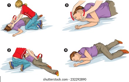 Vector illustration shows Recovery position (first aid).