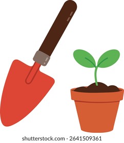 Vector illustration shows a red gardening trowel and a green seedling growing in a terracotta pot, symbolizing planting and garden hobby with bright colors and simple style. Calm mood.