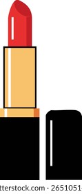 Vector illustration shows a red lipstick with black and gold case standing upright and its cap placed beside it, symbolizing beauty and cosmetics, clean and simple style, elegant mood.