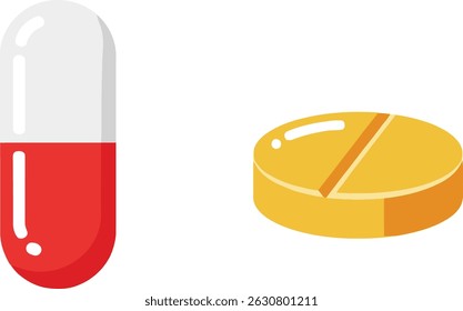 Vector illustration shows red and white capsule alongside yellow round pill used for medical treatment and healthcare purposes in bright flat style. Clean and simple design, calm mood.