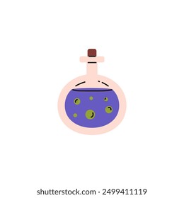 Vector illustration shows a round bottle with a stopper containing a blue liquid. Potion design element in cartoon flat style on isolated background. Halloween holiday.