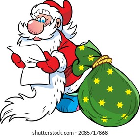  Vector illustration shows Santa Claus, who reads a letter, near him a sack with Christmas gifts