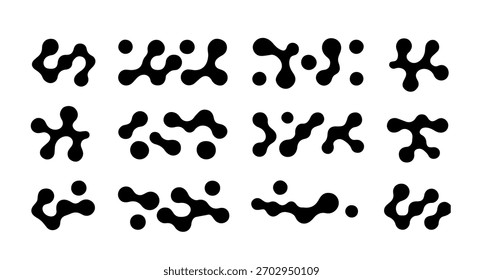 La Ilustración vectorial muestra un conjunto de manchas negras abstractas y Formas orgánicas sobre un fondo blanco. El estilo es minimalista Y2K, utilizando formas redondeadas e interconectadas para un tema futurista.