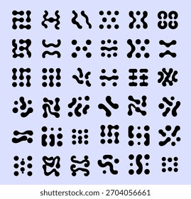 A ilustração vetorial mostra um conjunto de bolhas pretas abstratas e formas orgânicas. O estilo é minimalista e moderno, usando formas arredondadas e interconectadas para um tema futurista.