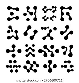 Die Vektorgrafik zeigt einen Satz abstrakter schwarzer Flecken und organischer Formen auf weißem Hintergrund. Der Stil ist minimalistisch und modern, mit abgerundeten, miteinander verbundenen Formen für ein futuristisches Thema.