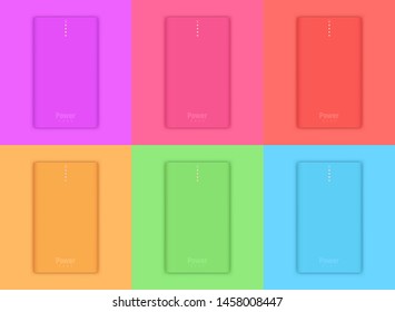 Vector illustration shows set of realistic powerbanks. Illustration in trendy colors. Four orange little lamps indicate about full charge.