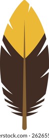 Vector illustration shows a single feather with yellow and brown colors. The design is clean and minimalistic, suitable for nature-themed projects. Calm and natural mood.
