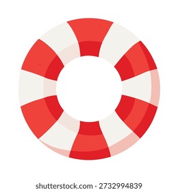 A vector illustration shows a single, flat life preserver with alternating red and white stripes. The image has a crisp, simple design and is isolated on a white background.