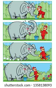 The vector illustration shows a story comic with a funny with an elephant at the zoo.