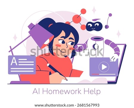 Vector illustration shows a student doing homework with AI assistance. A friendly robot helps by displaying educational content on a laptop. Scene emphasizes technology in education.