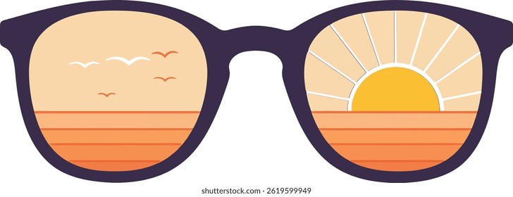 Vector illustration shows sunglasses reflecting an ocean sunset with birds flying and sun rays spreading, creating a calm and warm mood.