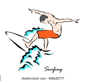 Vector illustration. Illustration shows a Surfer on a wave. Surfing