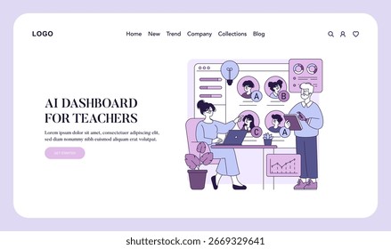 Vector illustration shows teachers using an AI dashboard for educational activities. The interface includes student performance analytics. Collaborative setting enhances teaching strategy.