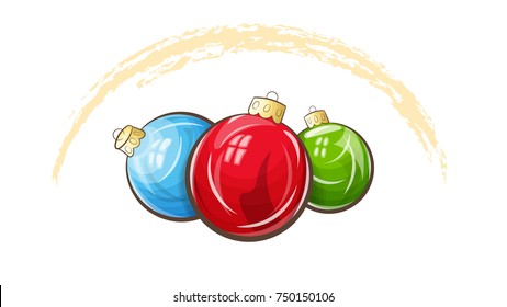 Vector illustration shows three multicolored christmas balls. Christmas card