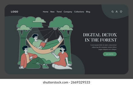A ilustração vetorial mostra três pessoas numa floresta, relaxando numa rede e sentadas no chão. Eles desfrutam de uma desintoxicação digital, participando da leitura e da conversa.