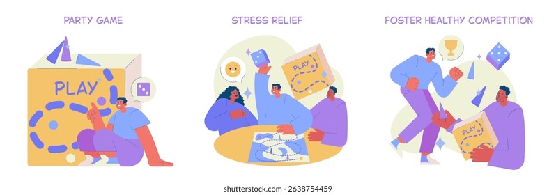 Vector illustration shows three scenes of people enjoying party games, fostering healthy competition. Highlights enjoyment, teamwork, and relaxation. Ideal for stress relief contexts.