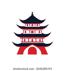Vector illustration shows a three-tiered pagoda in red and blue, with an archway base. Graphic design style, isolated on a white background.