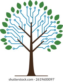 Vector illustration shows a tree with brown trunk, green leaves, and blue circuit board branches representing the fusion of nature and technology in a clean design. Calm mood.