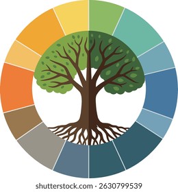 Vector illustration shows a tree with green leaves and roots inside a circular multicolor palette, symbolizing growth and diversity in nature. Calm and balanced mood.