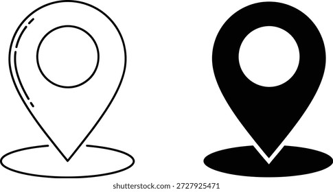 Una Ilustración vectorial muestra dos íconos de pin de ubicación uno delineado, uno con relleno sólido. Ambos están centrados en un Pequeño óvalo para indicar su ubicación.